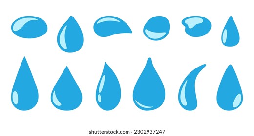 Iconos de gotas de lluvia azules, peras decorativas o gotas de varias formas. Señales de goteo de agua aislada, clíolo vectorial húmedo descendente abstracto