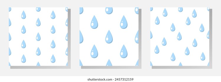 Gotas de lluvia azules sobre fondo blanco. Colección de patrones sin fisuras de Vector de lluvia.