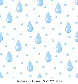 Pingos de chuva azuis sobre fundo branco. Padrão sem emenda do vetor.