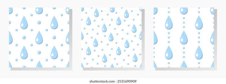 Blue raindrops on white dotted background. Rain vector seamless patterns collection.