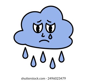 Blue rainy cloud character with cartoon cry face. Groovy sticker with rain symbol. Weather icon. Emoji expression. Retro Vector illustration on blue background