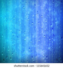 Blue rainy window vector background with drops and blur. It is easy to change the color. The effects and drops will  be seen on a background of different colors due to transparency and blending modes.