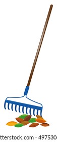 Blue rake and dried leaves illustration