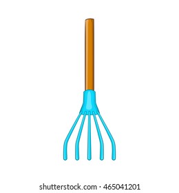 Blue rake icon in cartoon style on a white background