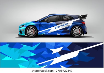 Blue rally car wrap featuring light blue, navy, white, and dark grey polygon shapes forming a futuristic shard pattern. Editable vector EPS format.