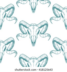 Blue ram skull. Vector seamless pattern