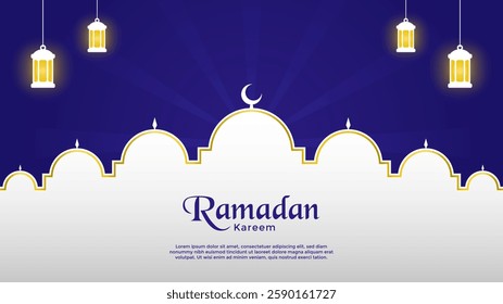 Blue Ramadan background template with mosque shape copy space