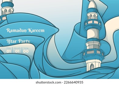 Blue ramadan kareem abstract background template with mosque minaret design