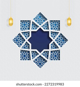 Blue Ramadan Kareem Greeting Background with gold lantern - vector illustration