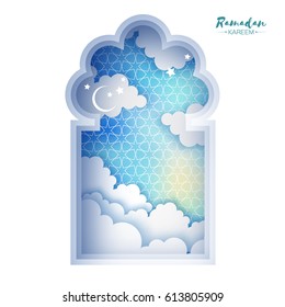 Blue Ramadan Kareem Greeting card. Origami Mosque Window. Paper cut cloud. Holy month of muslim. Symbol of Islam. Crescent Moon. Islamic festival celebration vector