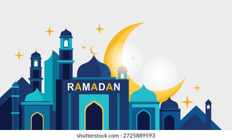 Blauer Ramadan-Kareem-Moschee-Hintergrund mit goldenem Halbmond und Sternen, Vektorgrafik