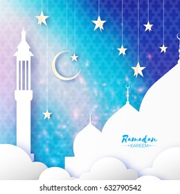 Blue Ramadan KareemGreeting card. Arabic window Mosque, clouds, white stars. Paper cut style. Arabesque pattern. Origami Crescent Moon. Vector