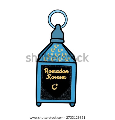 A blue Ramadan lantern adorned with crescent moons and stars.