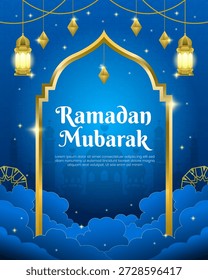 Azul ramadán mubarak con linterna y nubes post Plantilla de medios sociales