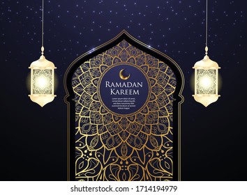 Blue Ramadan vector Design with gold mosque door and lantern ornament