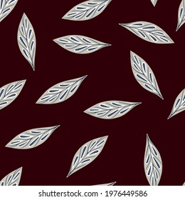 Blue random geometric leaf seamless pattern in contrast colors. Dark brown background. Botany print. Decorative backdrop for fabric design, textile print, wrapping, cover. Vector illustration.