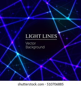Blue random laser beams on dark background. Place for your text. Vector illustration