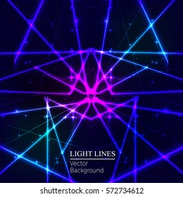 Blue random laser beams on dark background. Place for your text. Vector illustration.