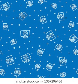 Blue random seamless pattern  First aid kit icon. Health, help and medical diagnostics concept.