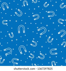 Blue random seamless pattern  Magnet icon. Horseshoe magnet, magnetism, magnetize, attraction.