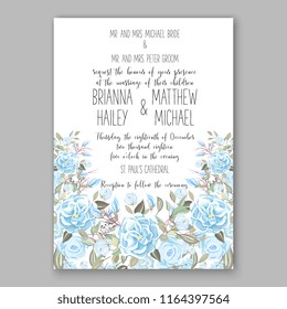Blue ranunculus rose peony Floral wedding invitation or greeting card Wreath flower for marriage baby shower bridal shower invitation, party celebration vector printable template watercolor background