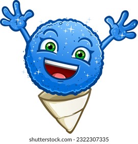 Blue raspberry snow cone crushed ice cartoon character jumping and celebrating on a hot summer day