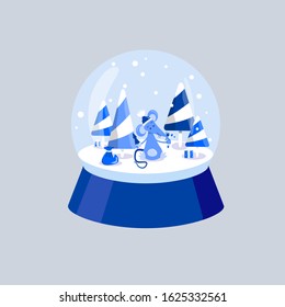 Blue rat with a Christmas tree and candy in its paws. Mouse, caramel trees and gifts. White and blue winter illustration. Snowball. A little mouse is sitting in the snow.