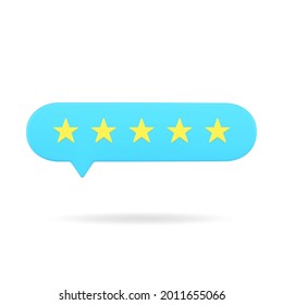 Blue rating bubble with five stars 3d icon. Positive vote of satisfied customers. Online survey among users with appraisal. Characteristics of buyers for services in market. Realistic isolated vector