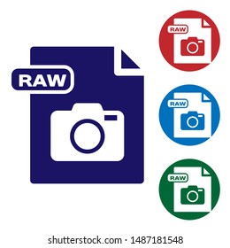 Blue RAW file document. Download raw button icon isolated on white background. RAW file symbol. Set color icons in circle buttons. Vector Illustration