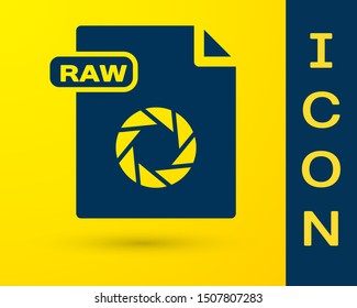 Blue RAW file document. Download raw button icon isolated on yellow background. RAW file symbol.  Vector Illustration