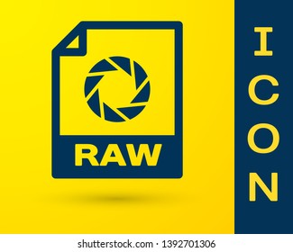 Blue RAW file document icon. Download raw button icon isolated on yellow background. RAW file symbol. Vector Illustration