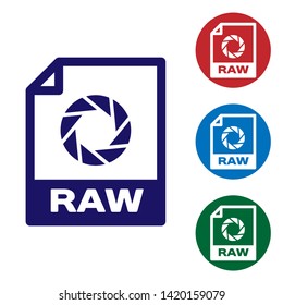 Blue RAW file document icon. Download raw button icon isolated on white background. RAW file symbol. Set color icon in circle buttons. Vector Illustration