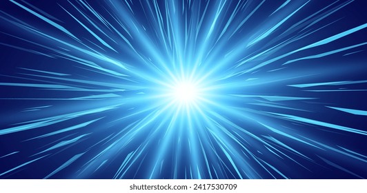 Blue Ray Burst. Abstract Nova Star Light Explosion. Light Background. Vector Illustration.