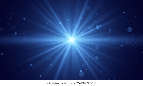 Blue Ray Burst. Abstract Nova Star Light Explosion with Flying Particles and Lens Flare Effect. Light Background. Vector Illustration.