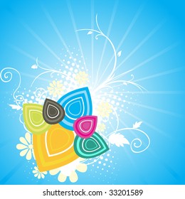 fondo de rayos azules con coloridas obras de arte funky y patrón floral