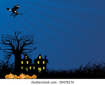 blue rays background with flying witch, tree, pumpkin and house