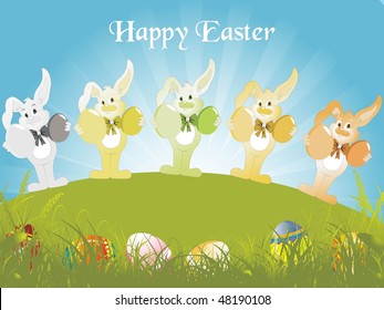 blue rays background with set of bunny holding easter egg