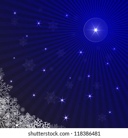Blaue Rochen Weihnachtshintergrund mit Schneeflocken.