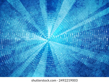 Blue rays grunge abstract geometric background with halftone dots. Retro tech concept vector design