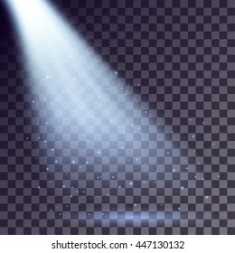 Blue rays from spotlight with shining particles on transparent background.