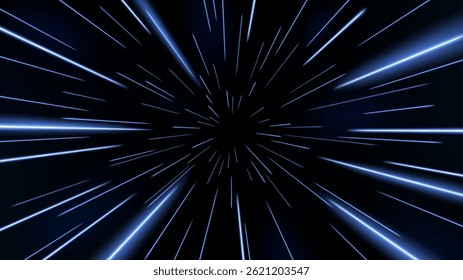 Blue Rays Zoom in Motion Effect, Speed Light Color Trails, Vector Illustration