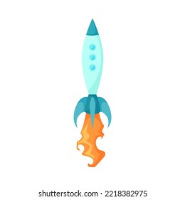Blue reactive rocket firing flame and fire cartoon illustration. Colorful missile taking off, space ship launch with orange jet steam isolated on white background. Flight, speed concept