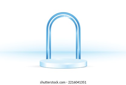 blue realistic 3d cylinder pedestal podium with circle neon lamp background. Abstract vector rendering geometric forms. Minimal scene. Stage showcase, Mockup product display.