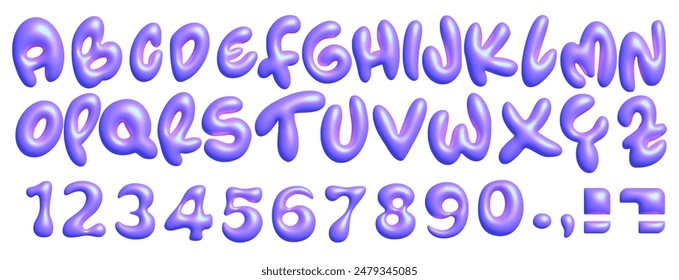 Blue realistic 3d font. Alphabet and numbers from 0 to 9. Glossy letters collection in cartoon style. Fonts voluminous inflated from Balloon. Vector illustration