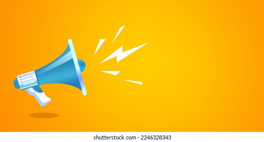 blue realistic 3d megaphone vector illustration on yellow background, loudspeaker concept of join us, job vacancy and announcement in modern flat cartoon style design