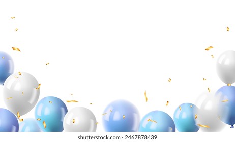 Blue realistic balloons and gold confetti on white background for birthday, party, holiday, baby. vector illustration