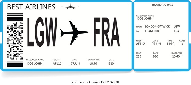 Blue realistic boarding pass ticket with information about passenger. Travel concept.