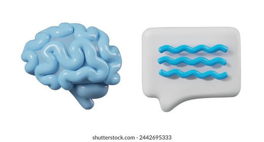 Blue realistic brain, comment sign. Online communication with artificial intelligence