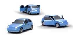 Blue Realistic Cars In Cartoon Style. Front, Side, Back View. Set Of 3D Illustrations Of Modern Vehicles With Shadows. Isolated Vector Cars With Open Doors