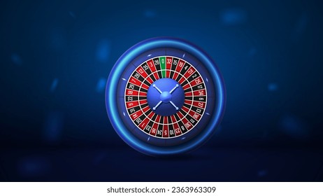 La ruleta azul realista del casino con una sombra sobre un fondo azul oscuro.